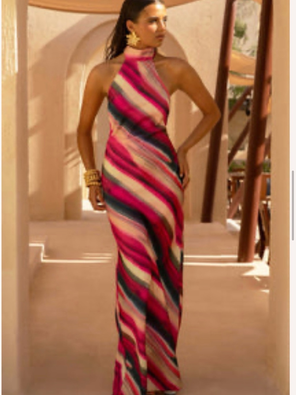 Club L London Pink Striped Halter Maxi Dress